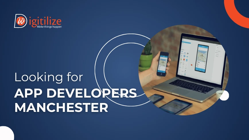 Laptop and smartphone displaying app development interface, with DigitilizeWeb branding.