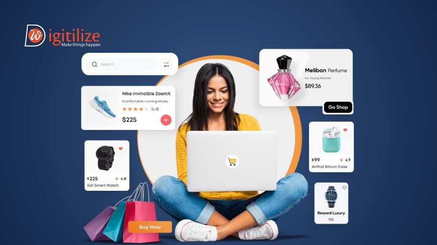 DigitilizeWeb - Woman shopping online with eCommerce features